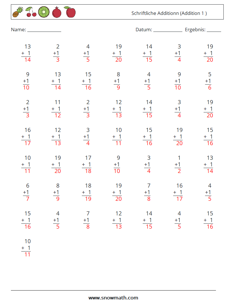 (50) Schriftliche Additionn (Addition 1 ) Mathe-Arbeitsblätter 10 Frage, Antwort