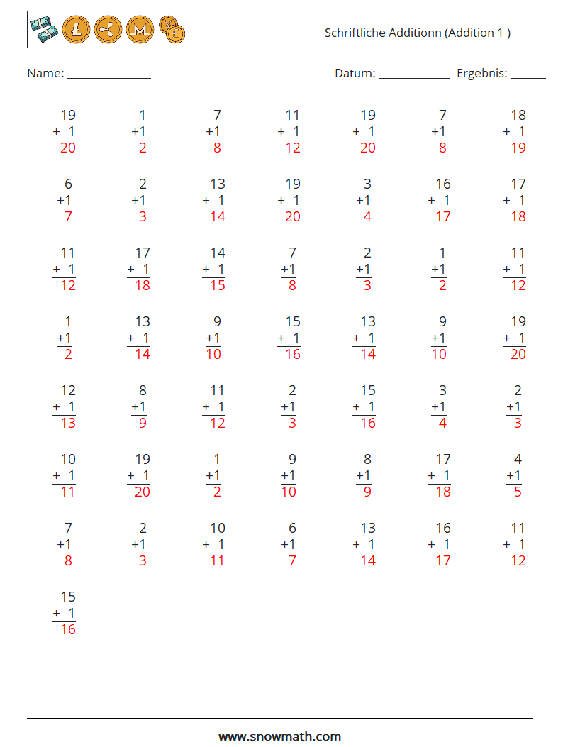 (50) Schriftliche Additionn (Addition 1 ) Mathe-Arbeitsblätter 16 Frage, Antwort