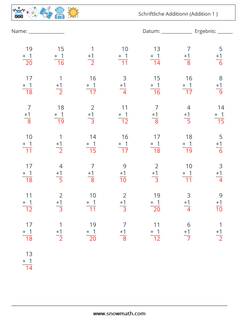 (50) Schriftliche Additionn (Addition 1 ) Mathe-Arbeitsblätter 18 Frage, Antwort