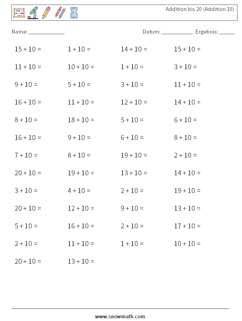 (50) Addition bis 20 (Addition 10) Mathe-Arbeitsblätter 2