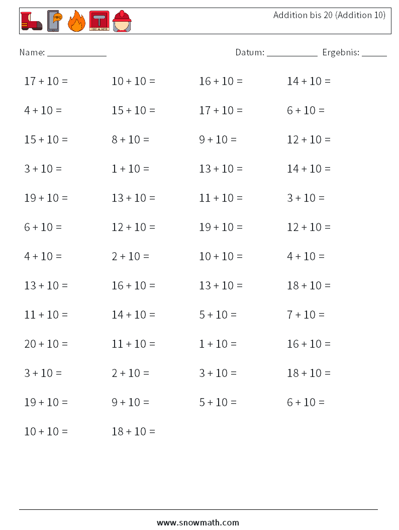 (50) Addition bis 20 (Addition 10) Mathe-Arbeitsblätter 3