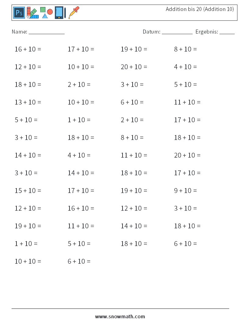 (50) Addition bis 20 (Addition 10) Mathe-Arbeitsblätter 4