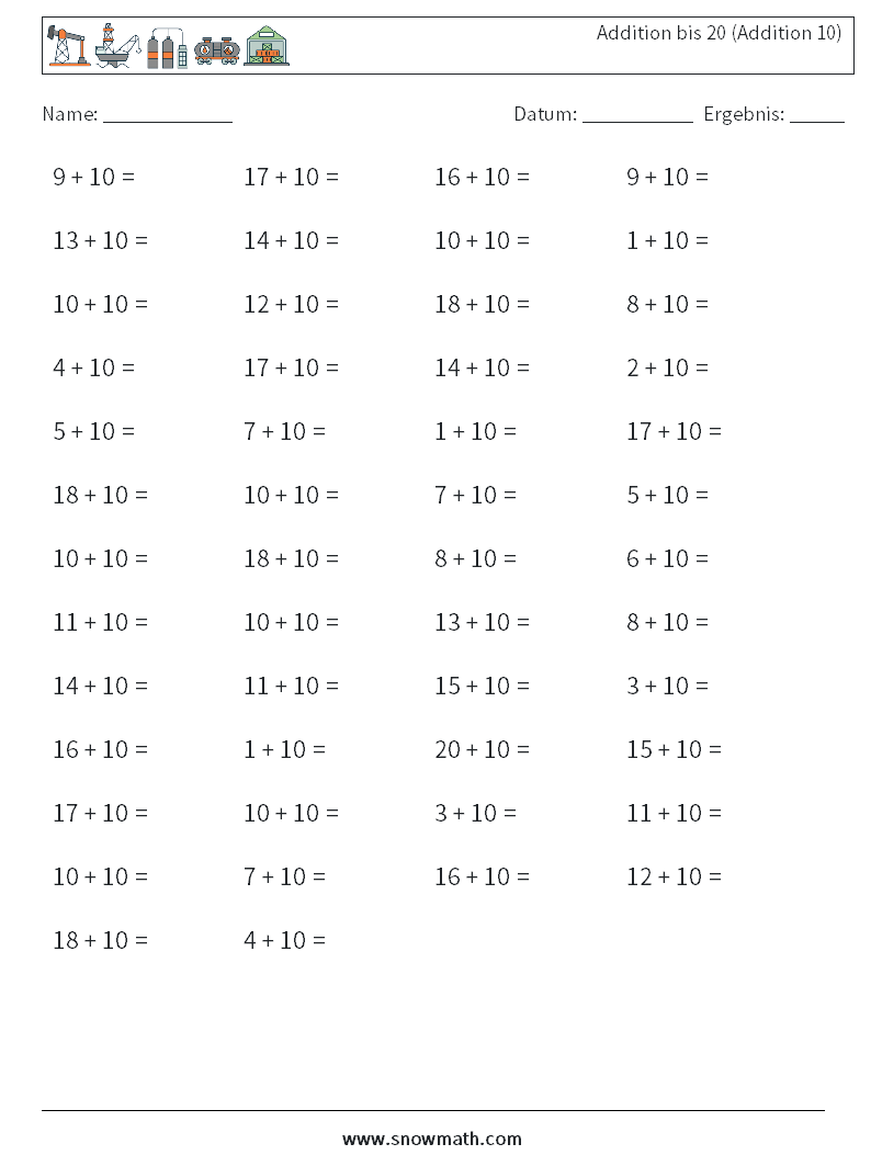 (50) Addition bis 20 (Addition 10) Mathe-Arbeitsblätter 5