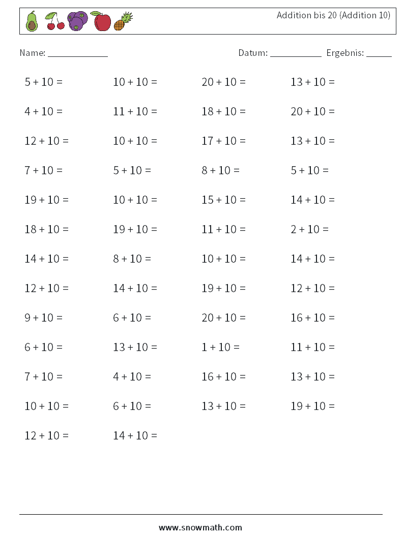 (50) Addition bis 20 (Addition 10) Mathe-Arbeitsblätter 6