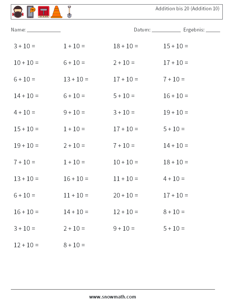 (50) Addition bis 20 (Addition 10) Mathe-Arbeitsblätter 7