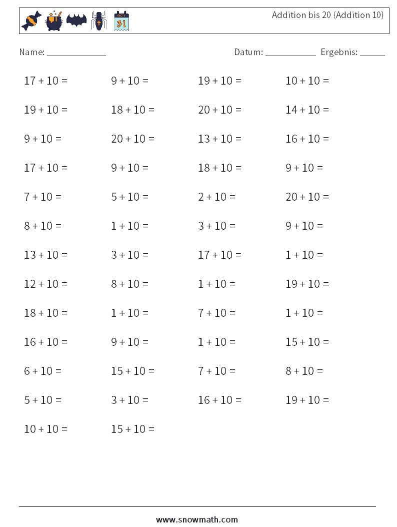 (50) Addition bis 20 (Addition 10) Mathe-Arbeitsblätter 8