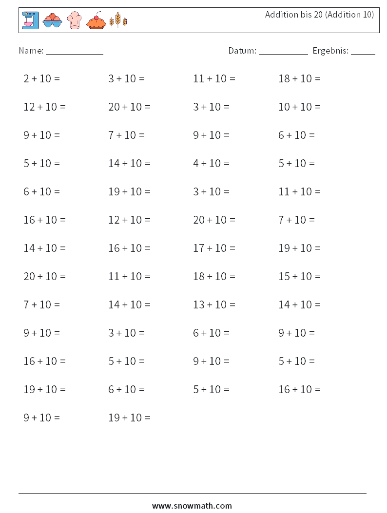 (50) Addition bis 20 (Addition 10) Mathe-Arbeitsblätter 9