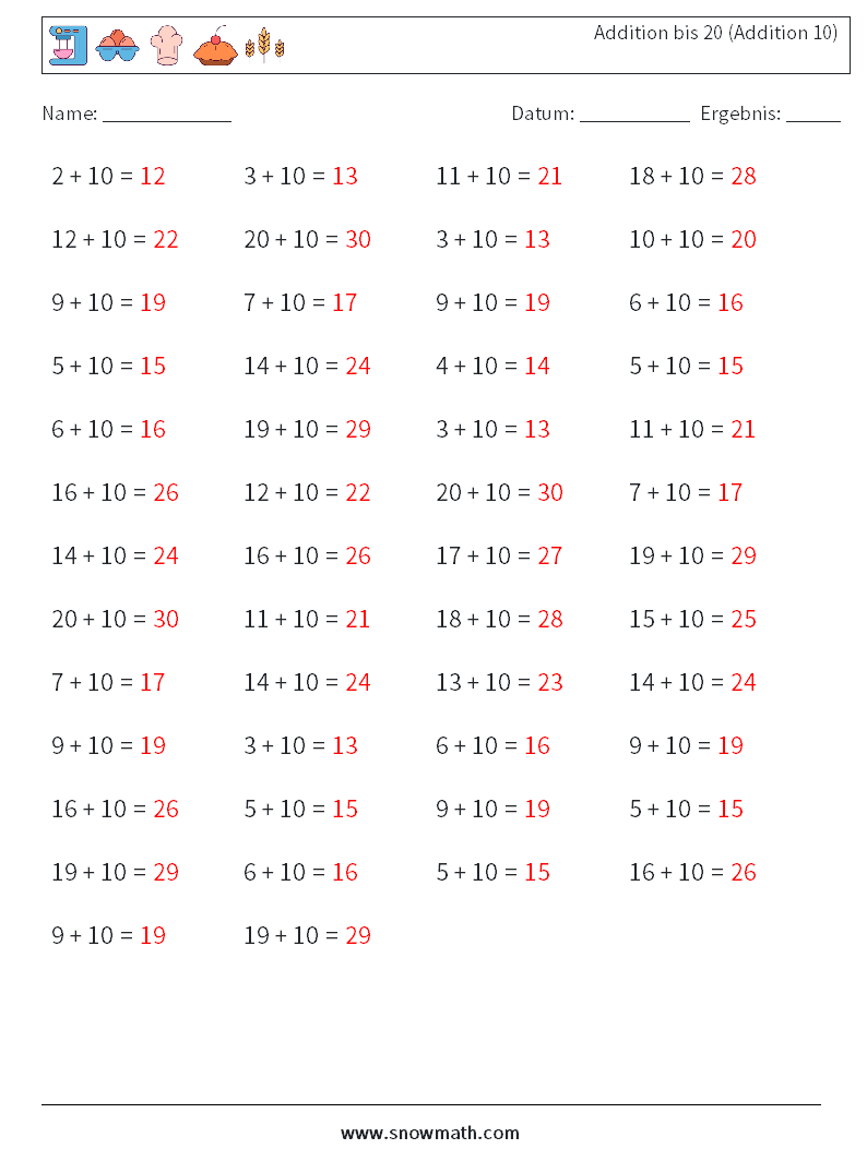 (50) Addition bis 20 (Addition 10) Mathe-Arbeitsblätter 9 Frage, Antwort