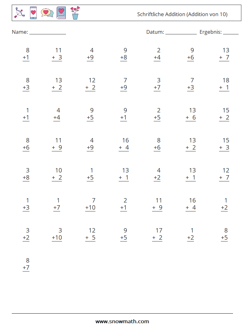 (50) Schriftliche Addition (Addition von 10) Mathe-Arbeitsblätter 10