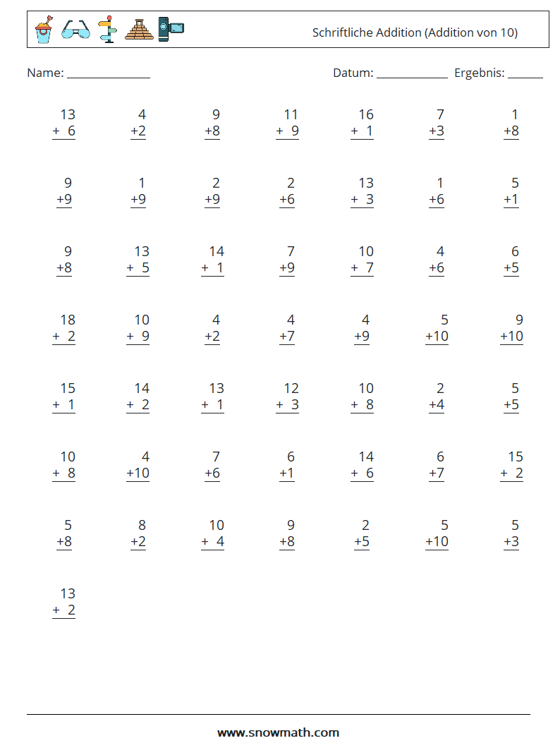 (50) Schriftliche Addition (Addition von 10) Mathe-Arbeitsblätter 11