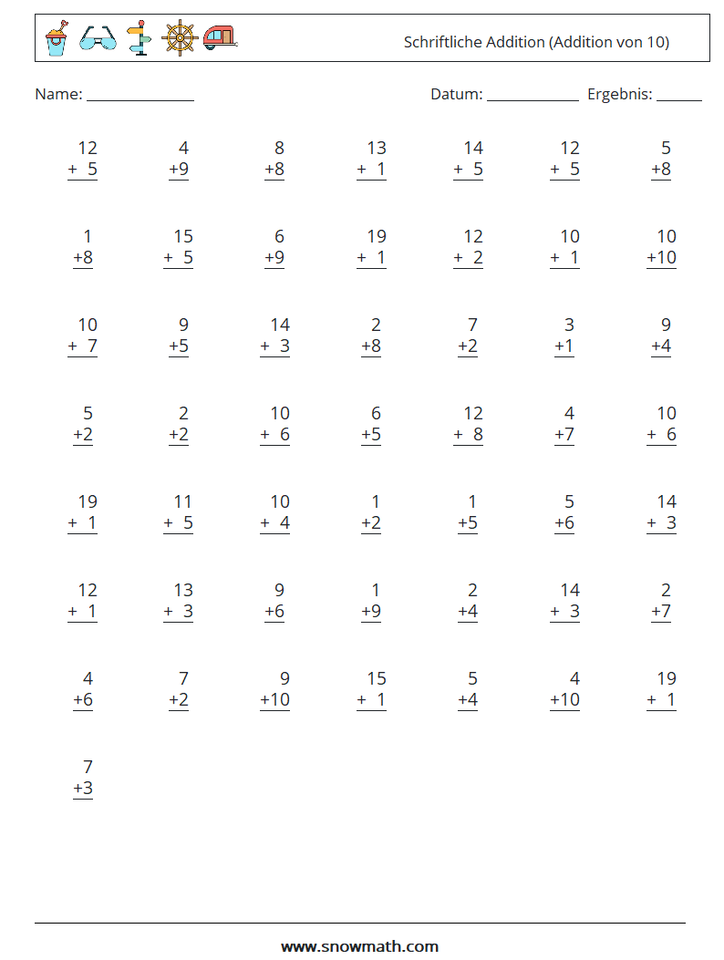 (50) Schriftliche Addition (Addition von 10) Mathe-Arbeitsblätter 12