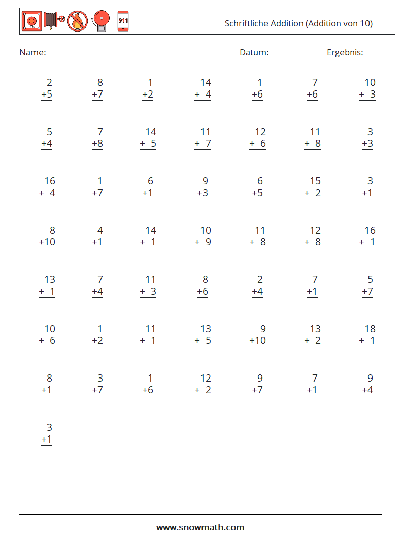 (50) Schriftliche Addition (Addition von 10) Mathe-Arbeitsblätter 13