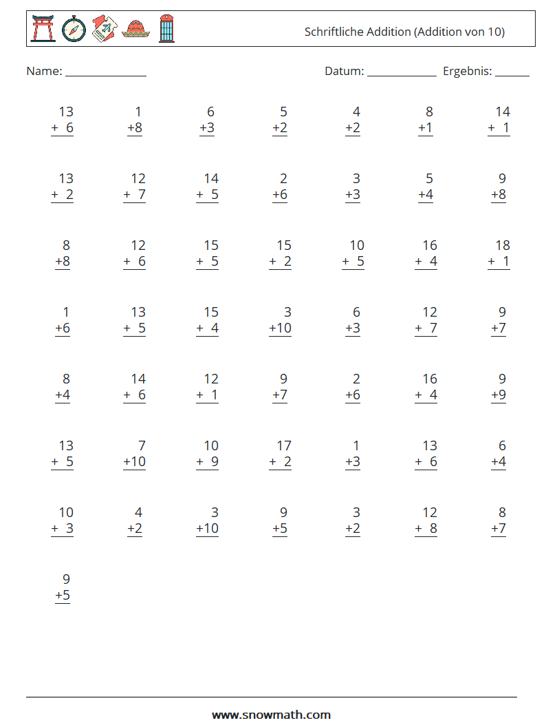 (50) Schriftliche Addition (Addition von 10) Mathe-Arbeitsblätter 14