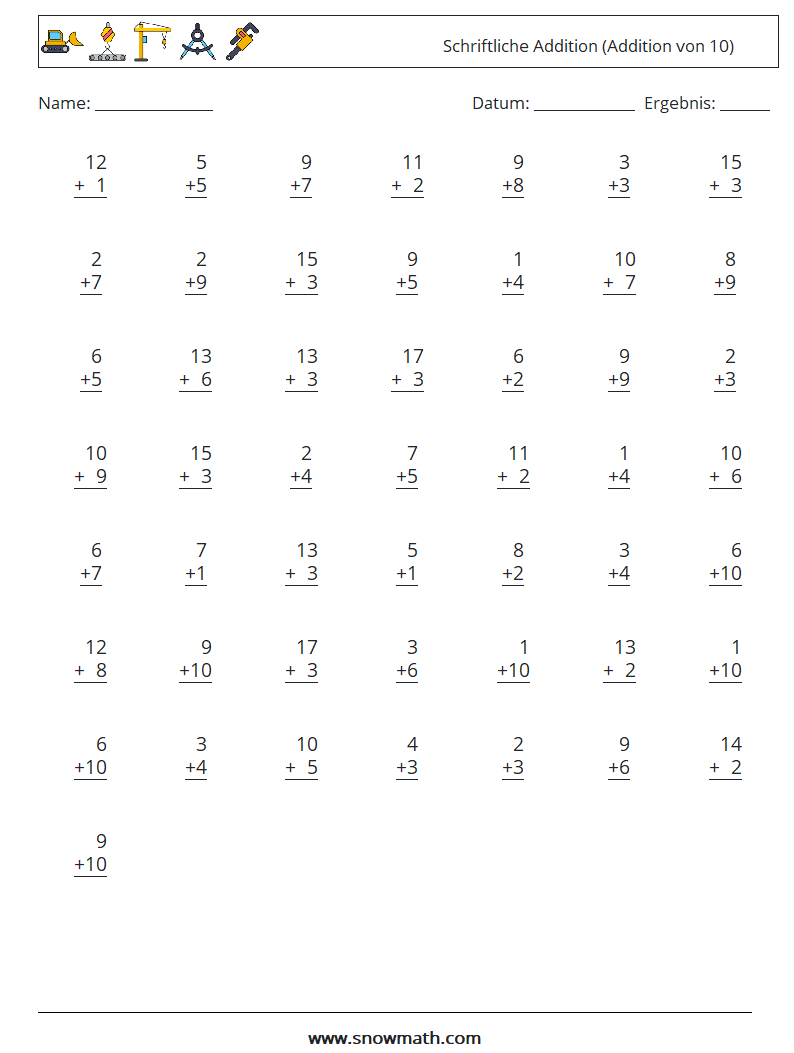 (50) Schriftliche Addition (Addition von 10) Mathe-Arbeitsblätter 17