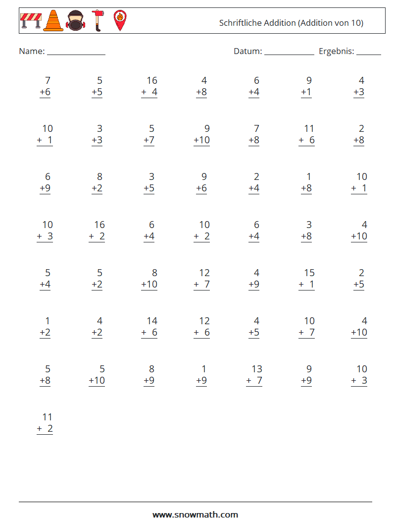 (50) Schriftliche Addition (Addition von 10) Mathe-Arbeitsblätter 18