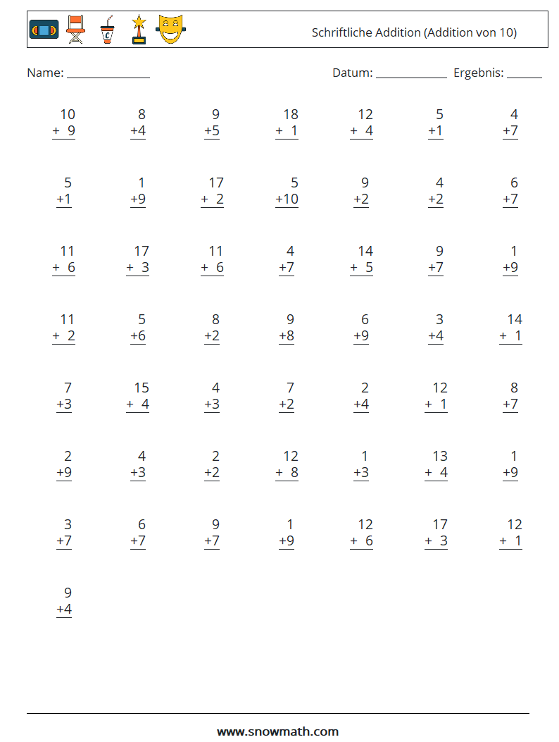 (50) Schriftliche Addition (Addition von 10) Mathe-Arbeitsblätter 6