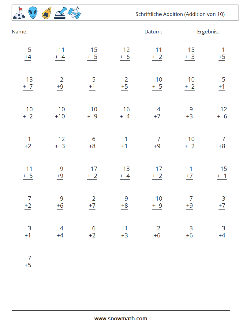 (50) Schriftliche Addition (Addition von 10) Mathe-Arbeitsblätter 7