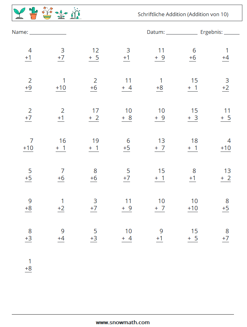 (50) Schriftliche Addition (Addition von 10) Mathe-Arbeitsblätter 8