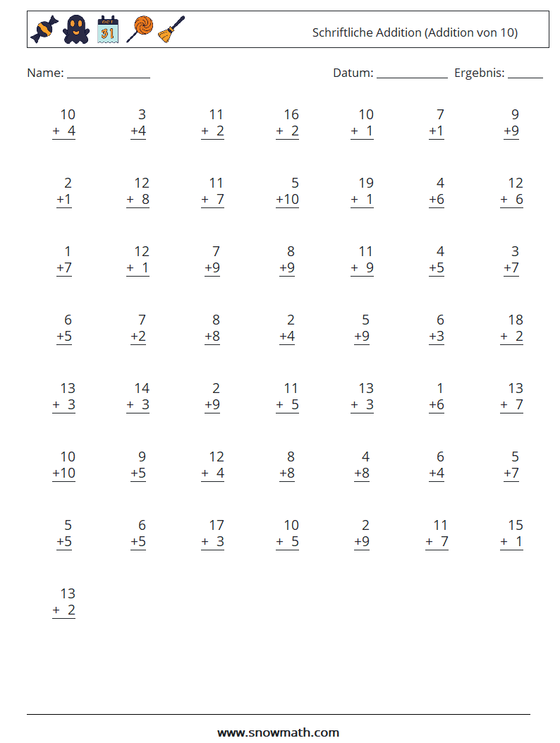 (50) Schriftliche Addition (Addition von 10) Mathe-Arbeitsblätter 9
