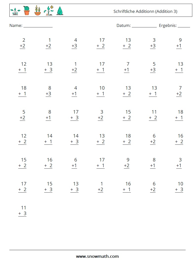 (50) Schriftliche Additionn (Addition 3) Mathe-Arbeitsblätter 10