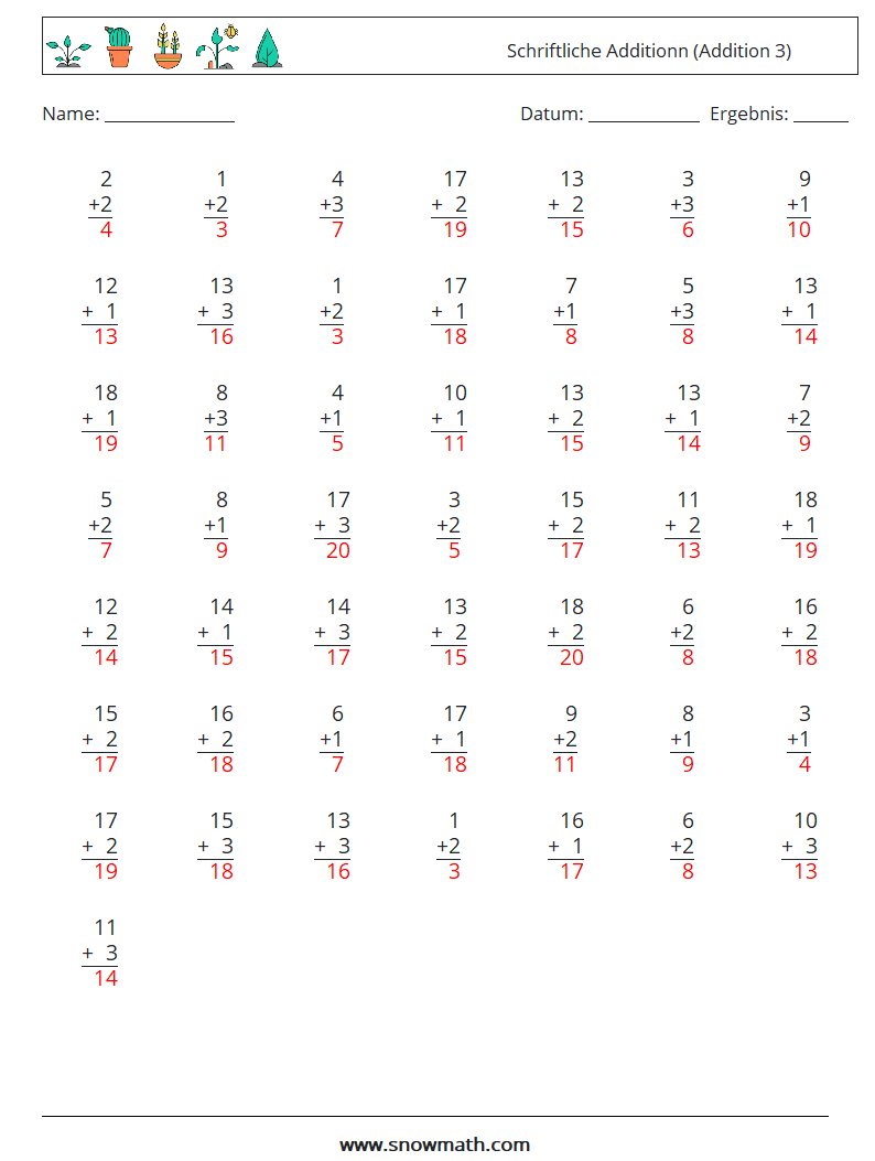 (50) Schriftliche Additionn (Addition 3) Mathe-Arbeitsblätter 10 Frage, Antwort