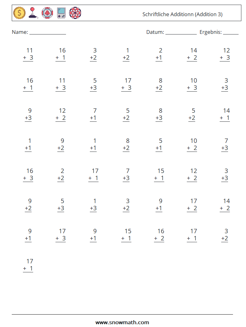 (50) Schriftliche Additionn (Addition 3) Mathe-Arbeitsblätter 11
