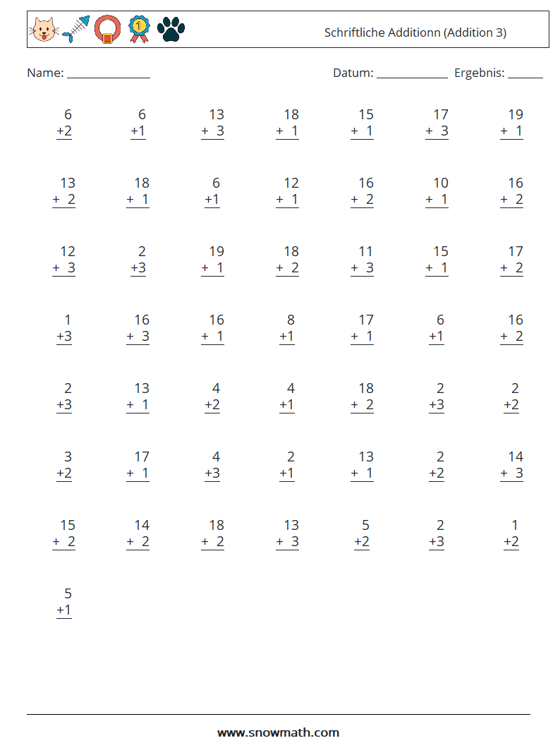 (50) Schriftliche Additionn (Addition 3) Mathe-Arbeitsblätter 12