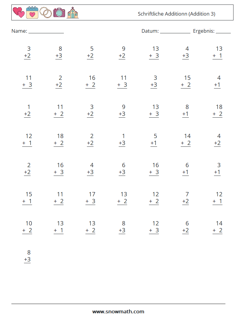 (50) Schriftliche Additionn (Addition 3) Mathe-Arbeitsblätter 15