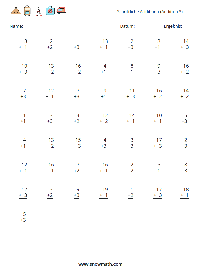 (50) Schriftliche Additionn (Addition 3) Mathe-Arbeitsblätter 16