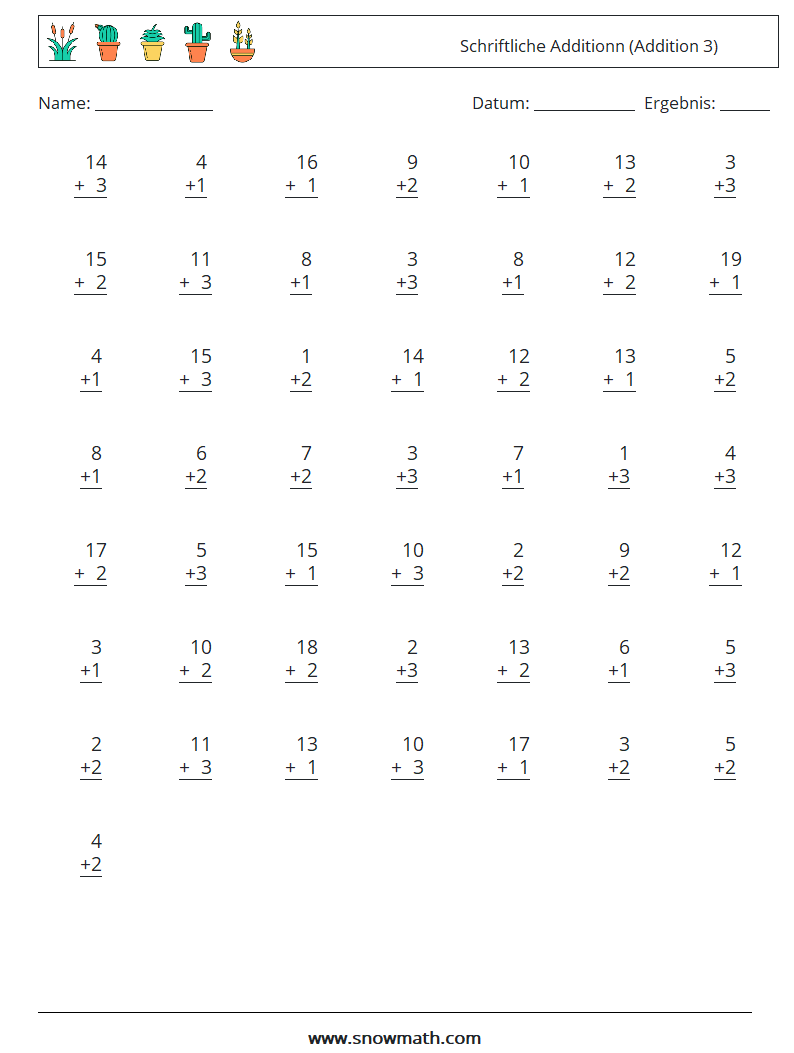 (50) Schriftliche Additionn (Addition 3) Mathe-Arbeitsblätter 17