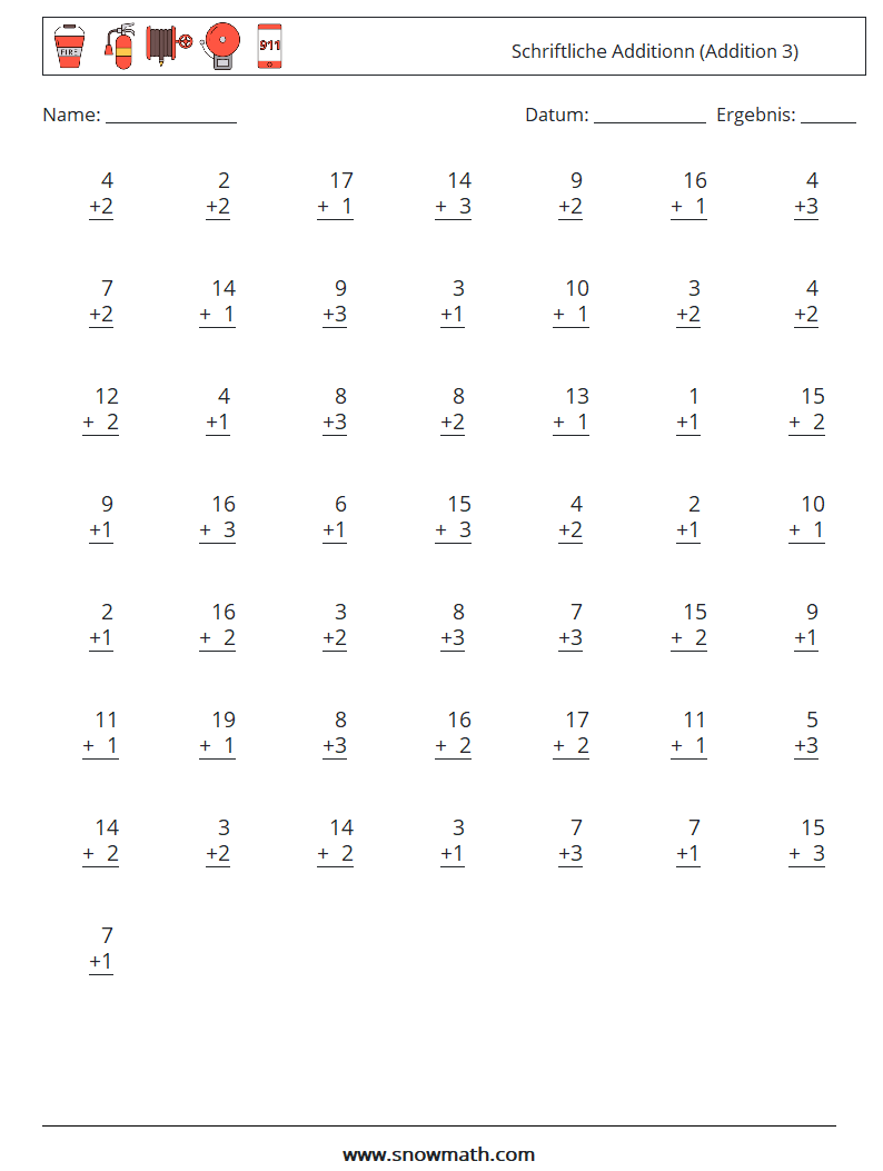 (50) Schriftliche Additionn (Addition 3) Mathe-Arbeitsblätter 8