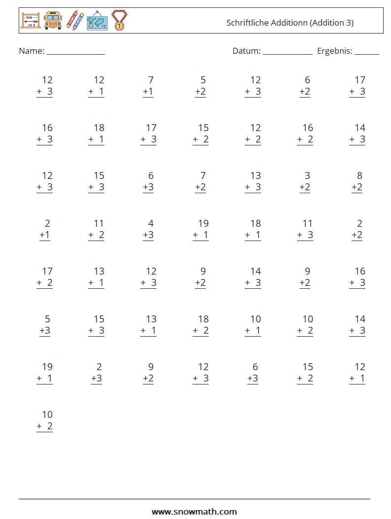 (50) Schriftliche Additionn (Addition 3) Mathe-Arbeitsblätter 9