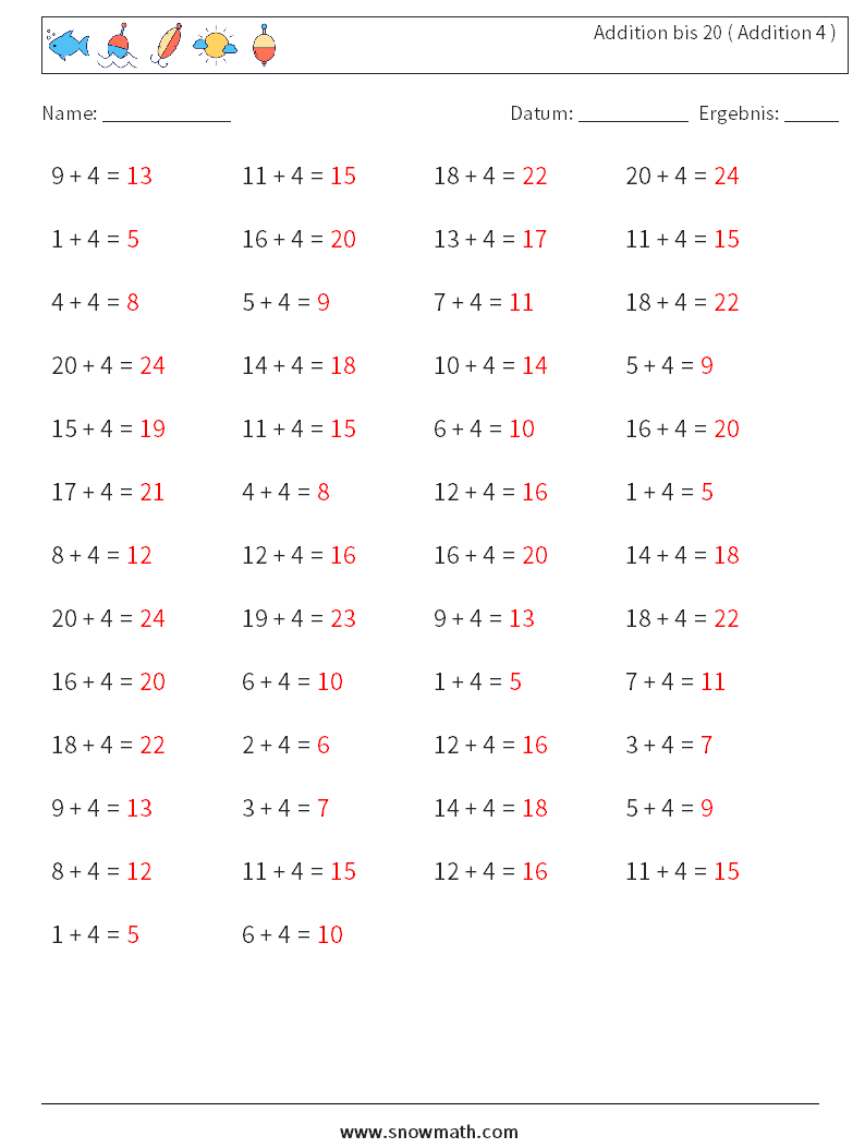 (50) Addition bis 20 ( Addition 4 ) Mathe-Arbeitsblätter 1 Frage, Antwort