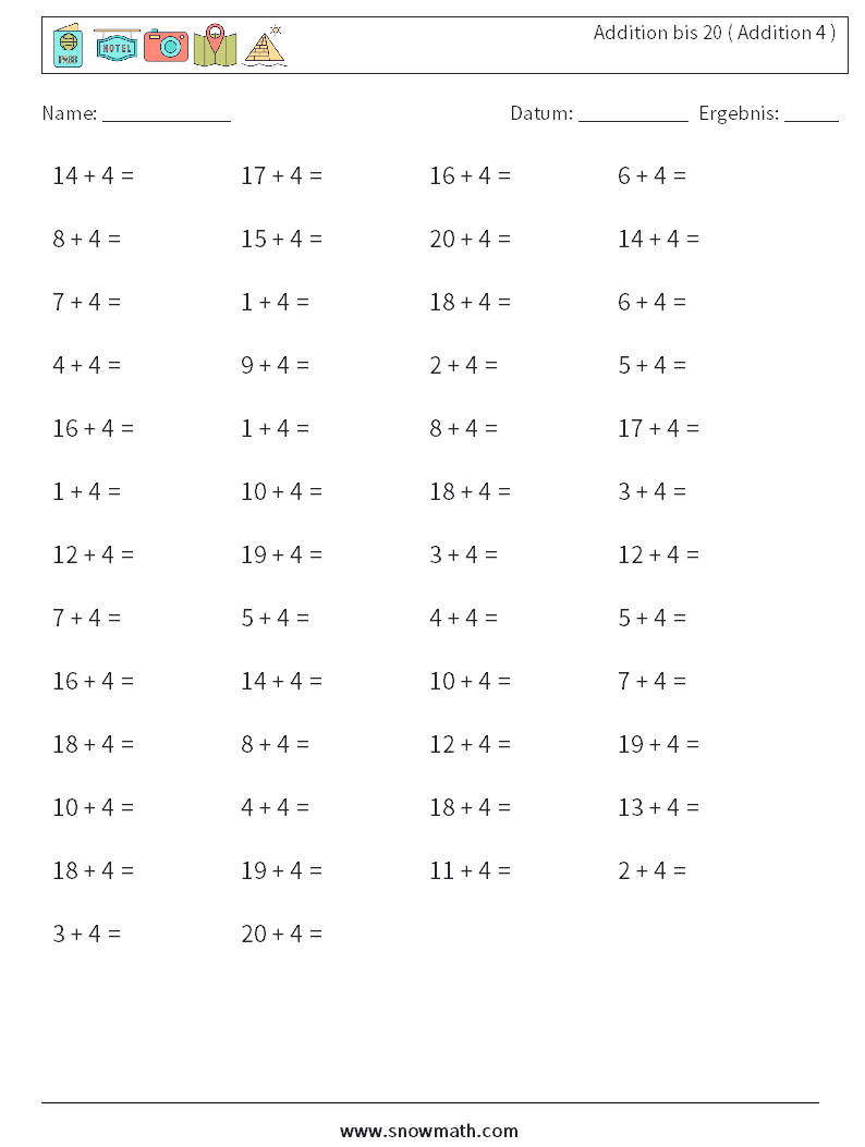 (50) Addition bis 20 ( Addition 4 ) Mathe-Arbeitsblätter 2