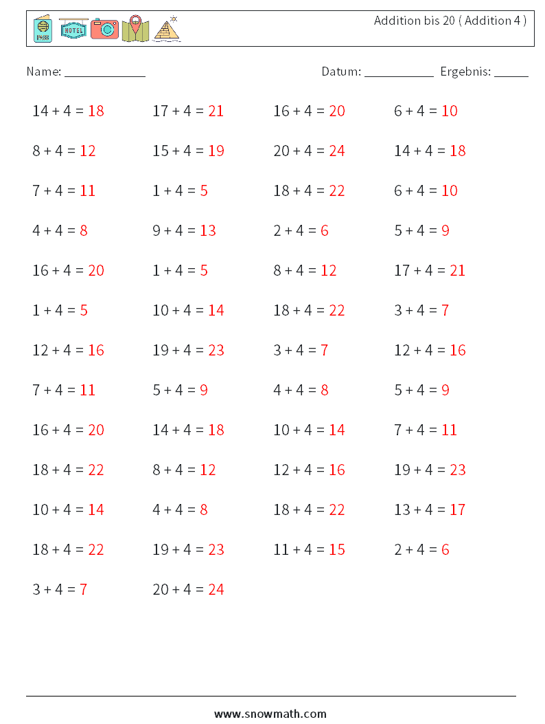 (50) Addition bis 20 ( Addition 4 ) Mathe-Arbeitsblätter 2 Frage, Antwort