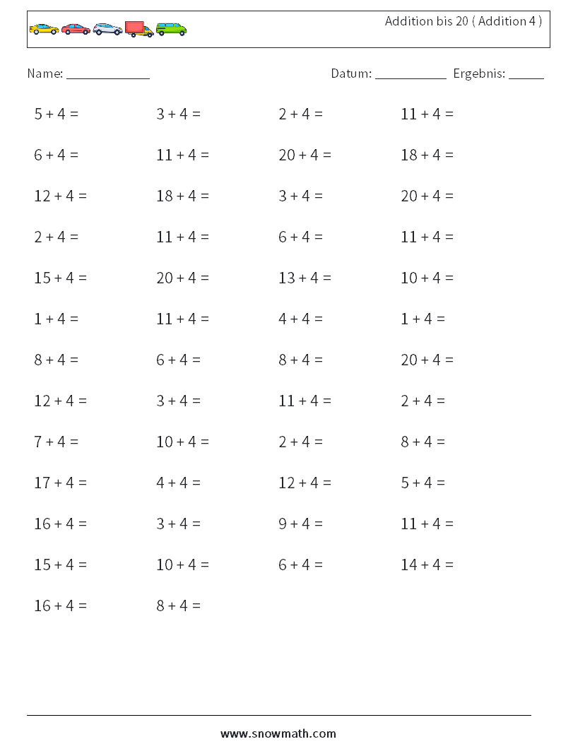 (50) Addition bis 20 ( Addition 4 ) Mathe-Arbeitsblätter 3