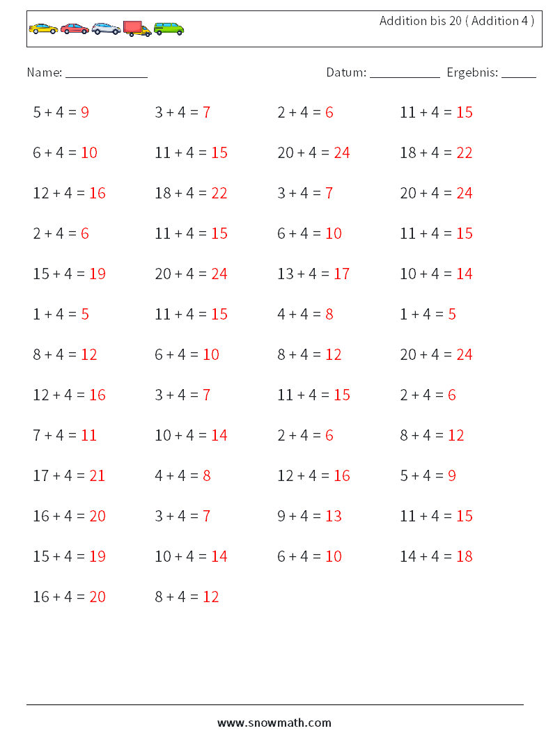(50) Addition bis 20 ( Addition 4 ) Mathe-Arbeitsblätter 3 Frage, Antwort