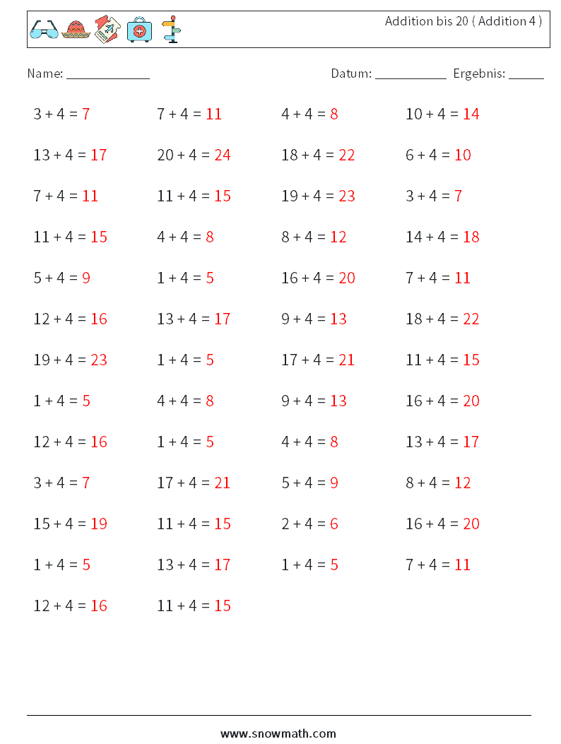 (50) Addition bis 20 ( Addition 4 ) Mathe-Arbeitsblätter 4 Frage, Antwort