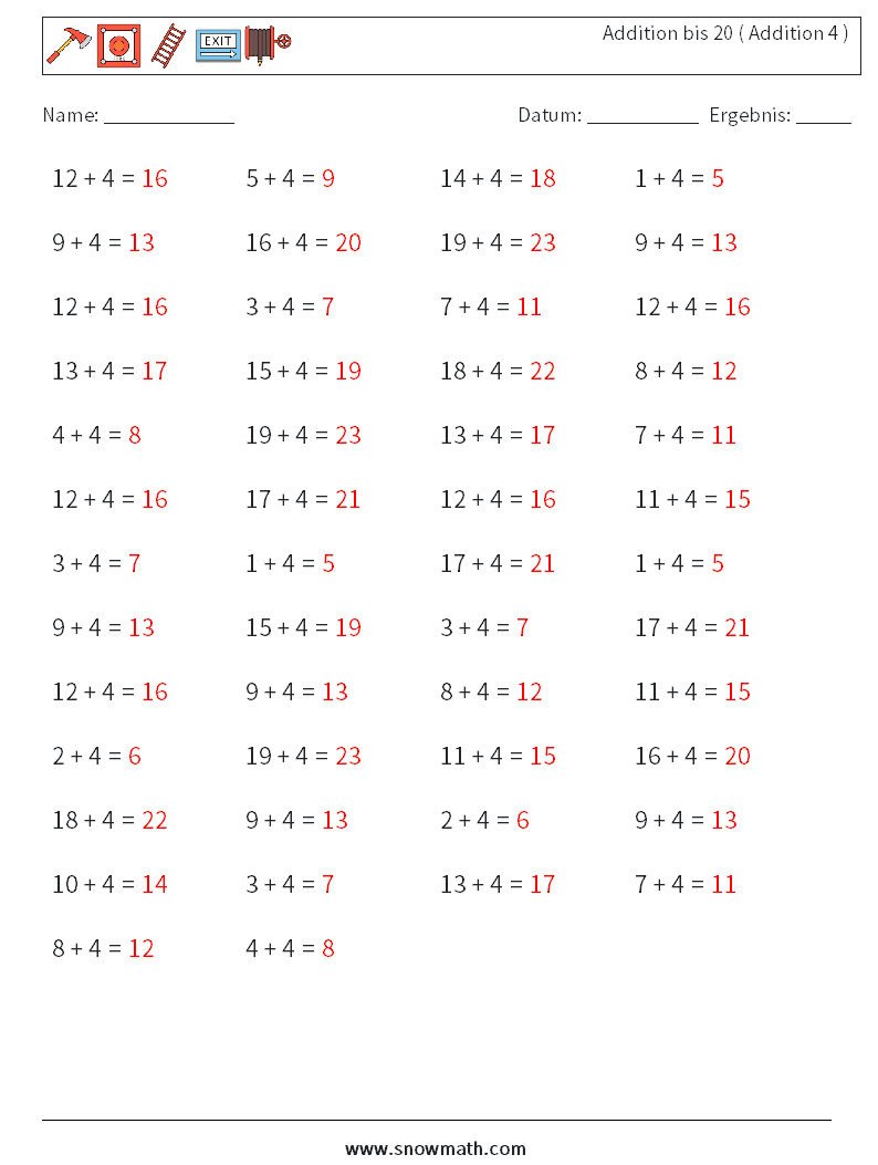 (50) Addition bis 20 ( Addition 4 ) Mathe-Arbeitsblätter 5 Frage, Antwort