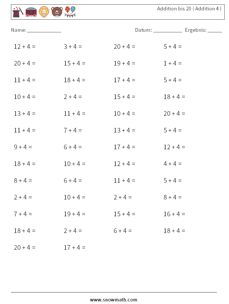 (50) Addition bis 20 ( Addition 4 ) Mathe-Arbeitsblätter 6