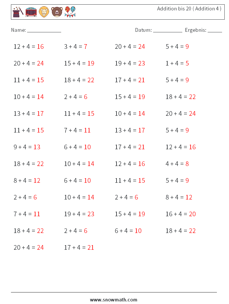 (50) Addition bis 20 ( Addition 4 ) Mathe-Arbeitsblätter 6 Frage, Antwort