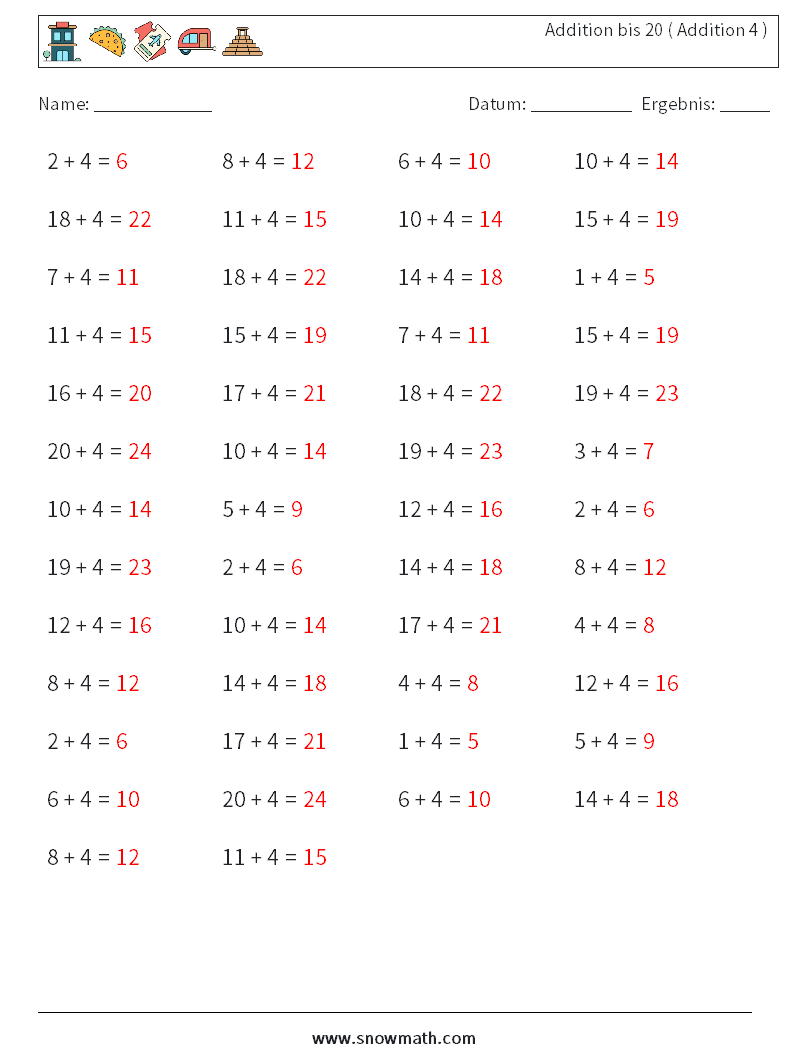 (50) Addition bis 20 ( Addition 4 ) Mathe-Arbeitsblätter 7 Frage, Antwort