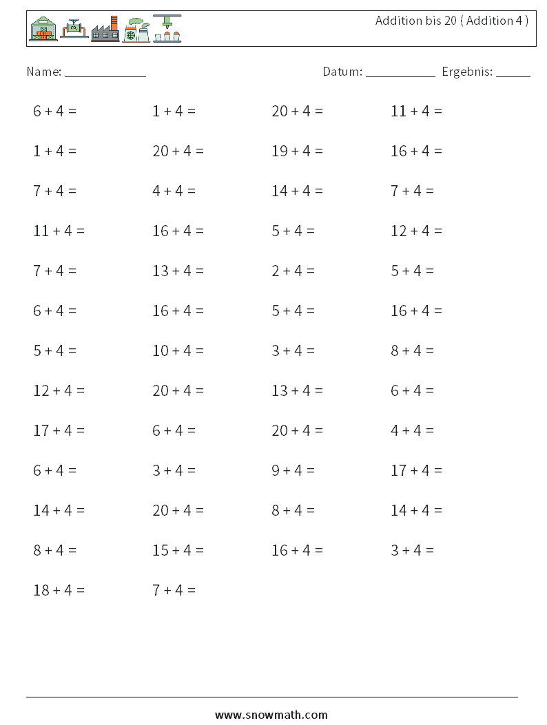(50) Addition bis 20 ( Addition 4 ) Mathe-Arbeitsblätter 8