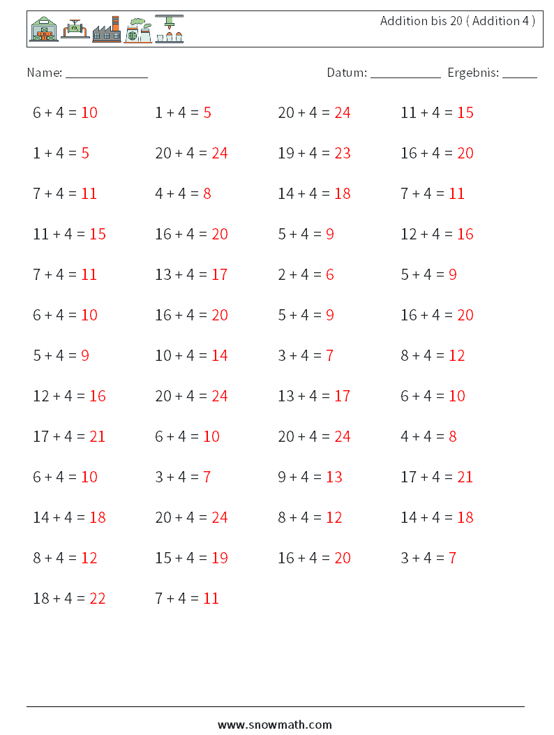 (50) Addition bis 20 ( Addition 4 ) Mathe-Arbeitsblätter 8 Frage, Antwort