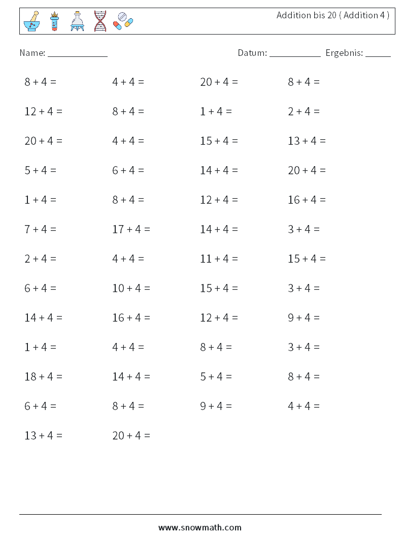 (50) Addition bis 20 ( Addition 4 ) Mathe-Arbeitsblätter 9
