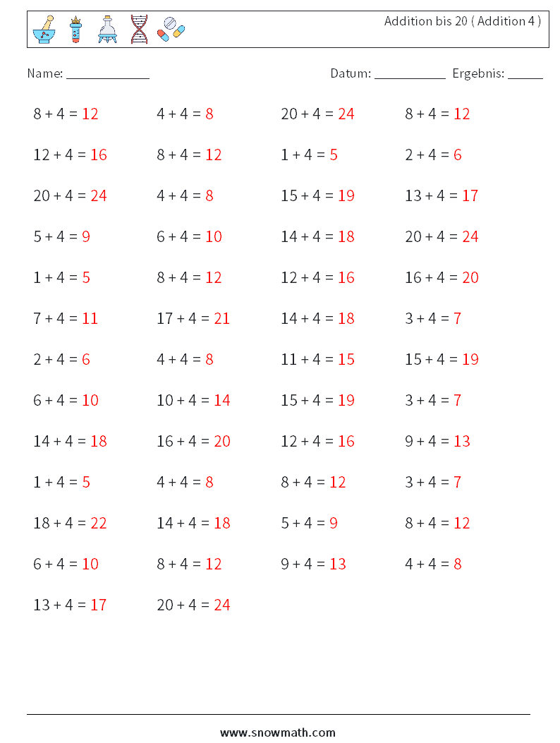 (50) Addition bis 20 ( Addition 4 ) Mathe-Arbeitsblätter 9 Frage, Antwort