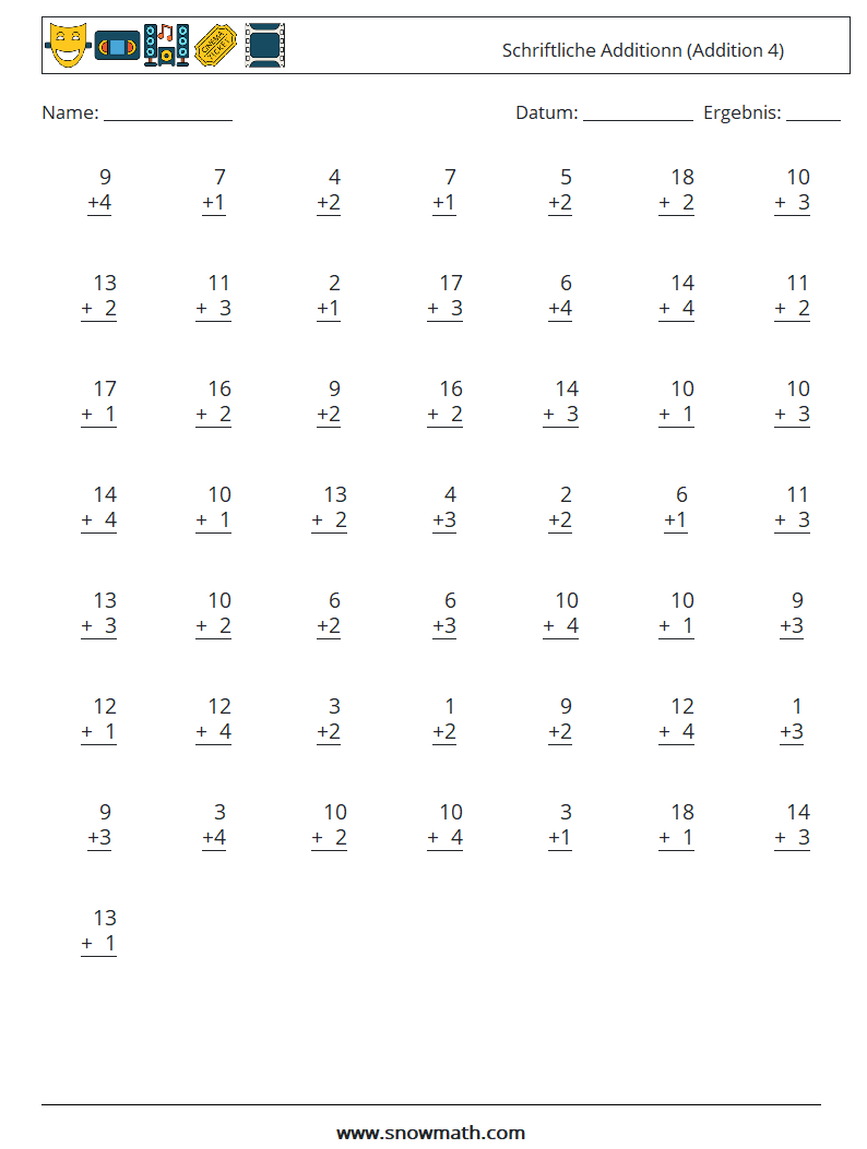(50) Schriftliche Additionn (Addition 4) Mathe-Arbeitsblätter 4
