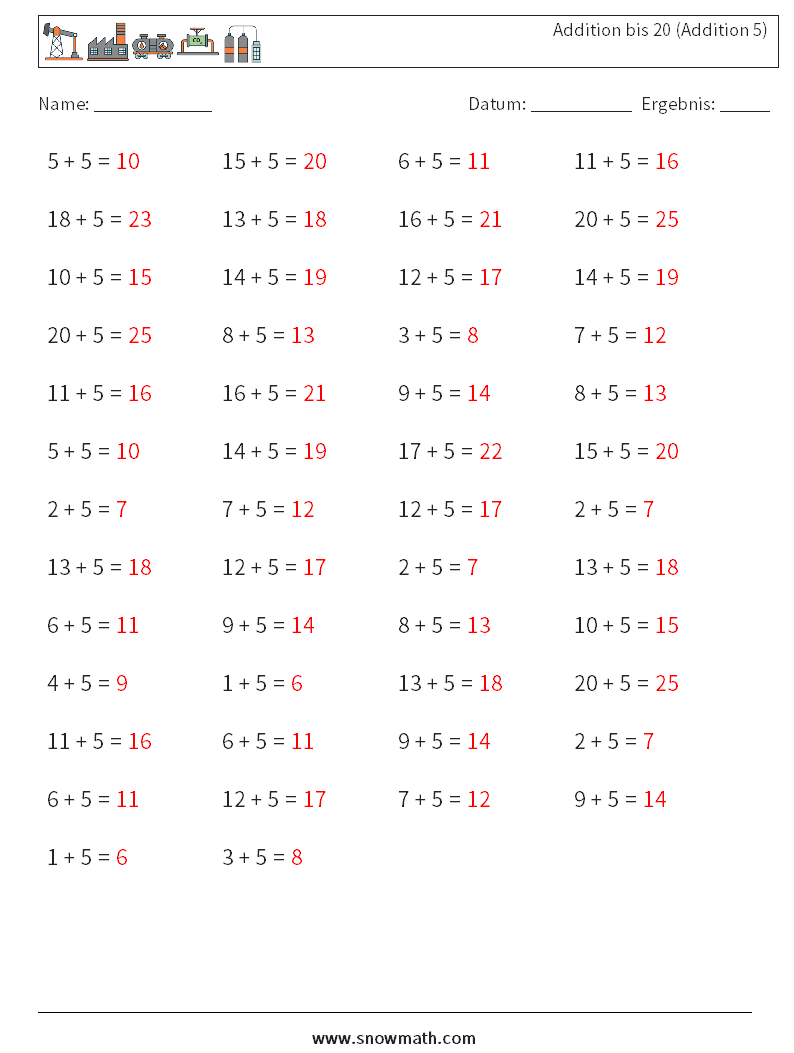 (50) Addition bis 20 (Addition 5) Mathe-Arbeitsblätter 2 Frage, Antwort
