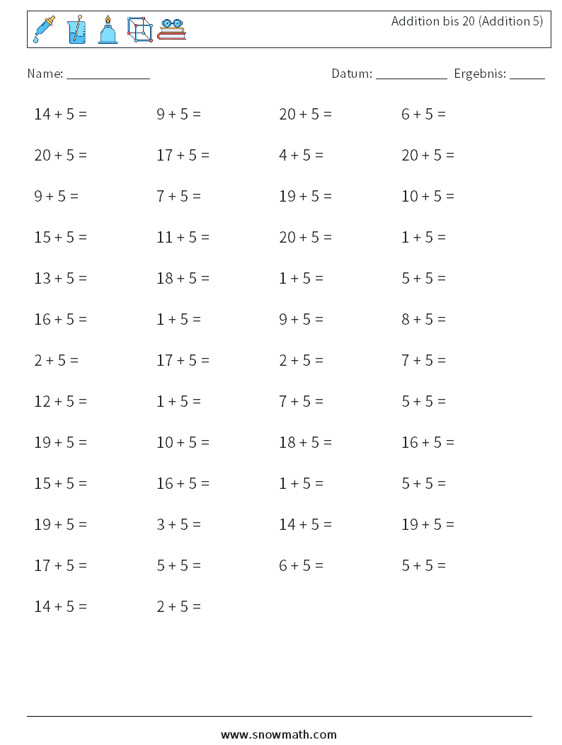 (50) Addition bis 20 (Addition 5) Mathe-Arbeitsblätter 3