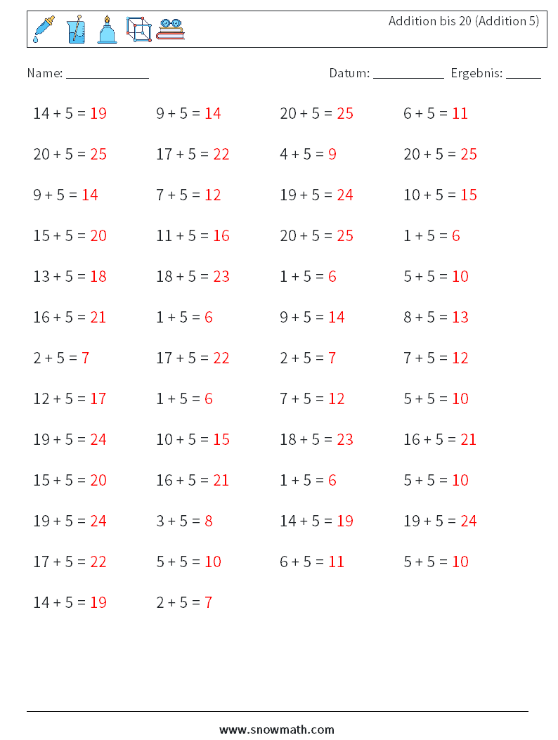 (50) Addition bis 20 (Addition 5) Mathe-Arbeitsblätter 3 Frage, Antwort